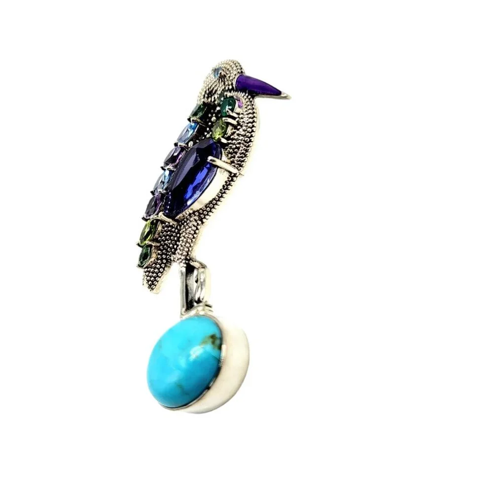 Nicky Butler Rare Heron Brooch Pendant Turquoise & Gemstone .925 Sterling SIlver - Picture 8 of 12